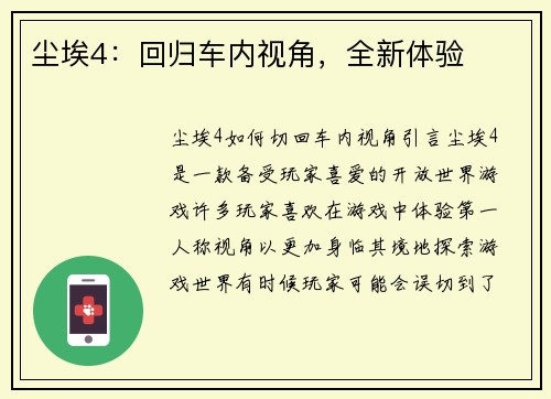 尘埃4：回归车内视角，全新体验
